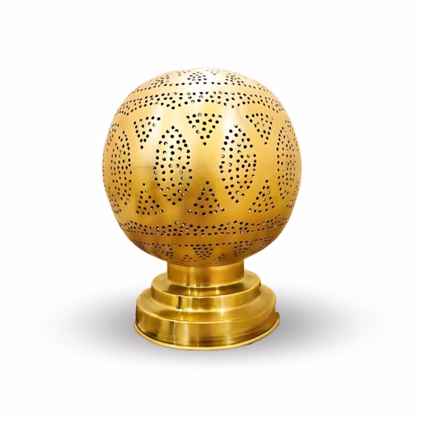 Hand-engraved round bedside lamp brass globe design front view