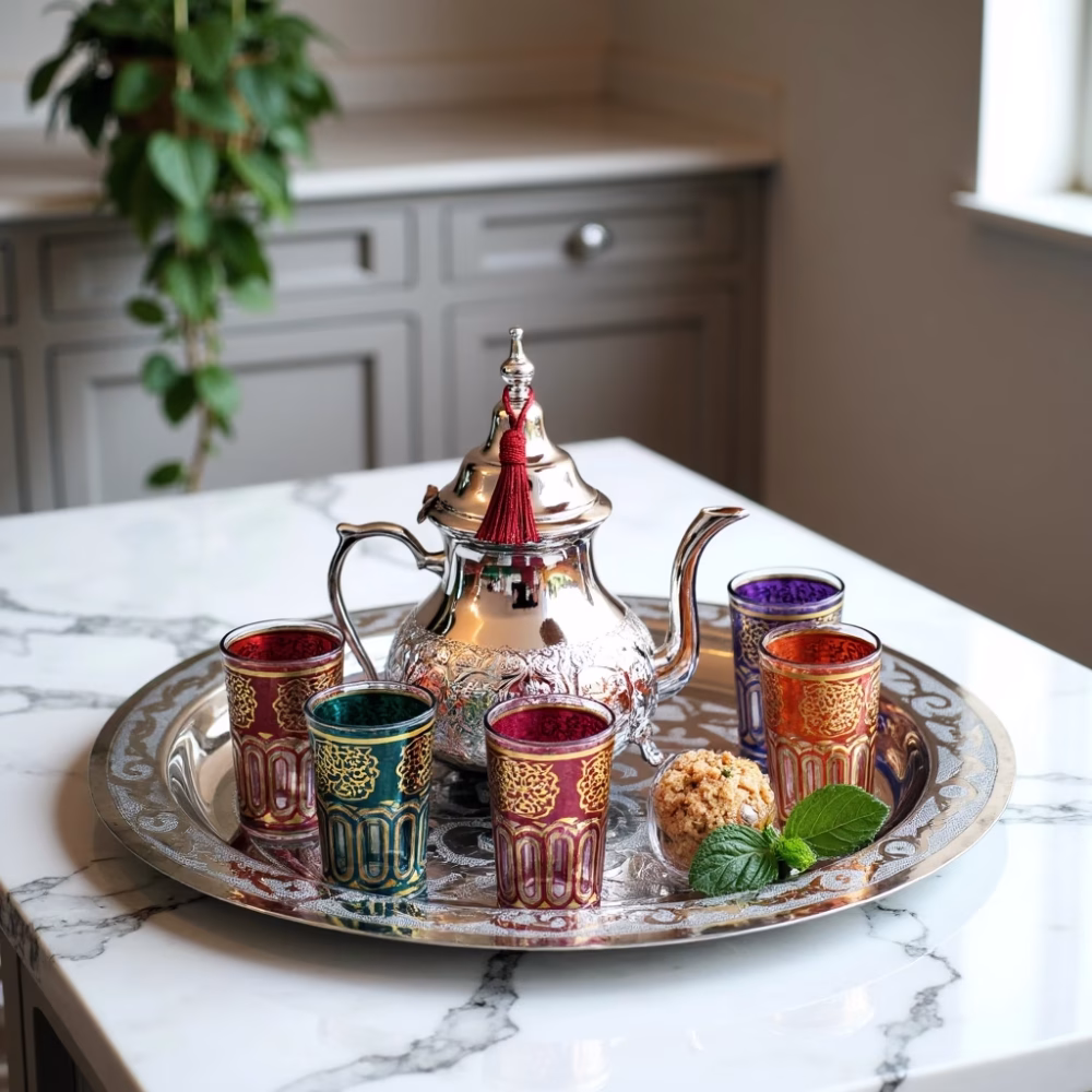 Handcrafted Moroccan mint tea set displayed on marble countertop with colorful tea glasses