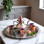 Handcrafted Moroccan mint tea set displayed on marble countertop with colorful tea glasses