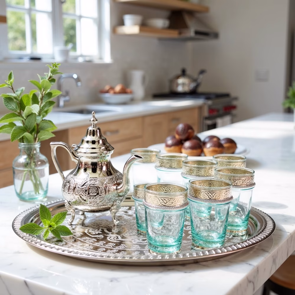 Handcrafted Moroccan tea set with engraved teapot and glasses displayed on kitchen counter