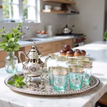 Handcrafted Moroccan tea set with engraved teapot and glasses displayed on kitchen counter