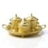 Handcrafted brass sugar bowl set with three lidded containers on ornate serving tray
