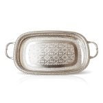 Handcrafted oval silver tray with handles and engraved center pattern, top view