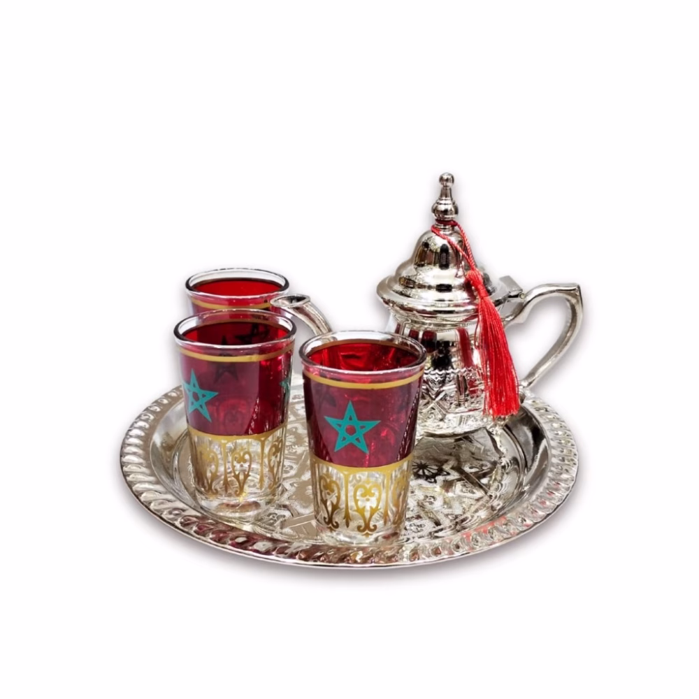 Handmade Moroccan small tea set with silver teapot and red flag-decorated glasses on tray