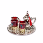 Handmade Moroccan small tea set with silver teapot and red flag-decorated glasses on tray