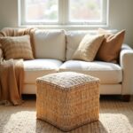 Handwoven straw pouf ottoman positioned in front of neutral-toned sofa