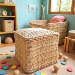 Kid-friendly square straw pouf ottoman in bright nursery setting