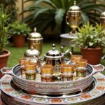 Outdoor garden display of large moroccan tea set with two engraved silver teapots and multicolored glasses on a tray