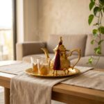 A decorative brass mini tea set for two arranged on a wooden table with a linen runner, featuring a golden teapot, tray, and two glasses in a softly lit, cozy living room with a trailing green plant.