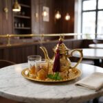 Steaming mint tea served in a brass mini tea set for two, featuring an elegant teapot and two filled glasses on an ornate tray, resting on a white marble table in a warmly lit cafe setting.