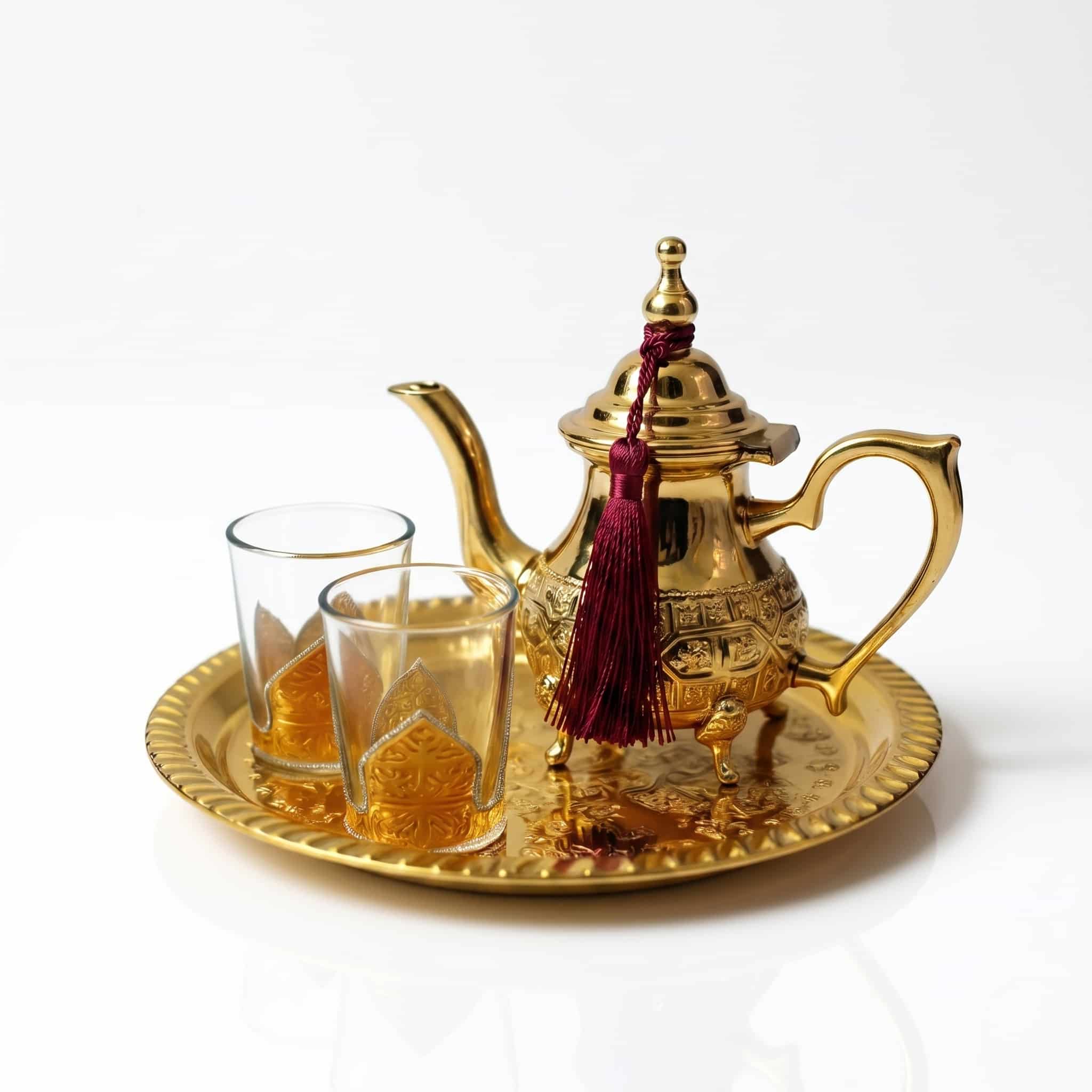 MCTS10-brass-mini-tea-set-for-two-white-background A shiny brass mini tea set for two featuring an ornate teapot with a red tassel and two decorated tea glasses, displayed on an engraved golden tray against a pure white background.
