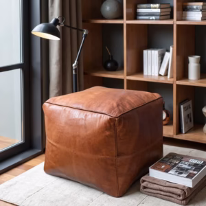 Moroccan Square Leather Pouf, Natural Brown (2)