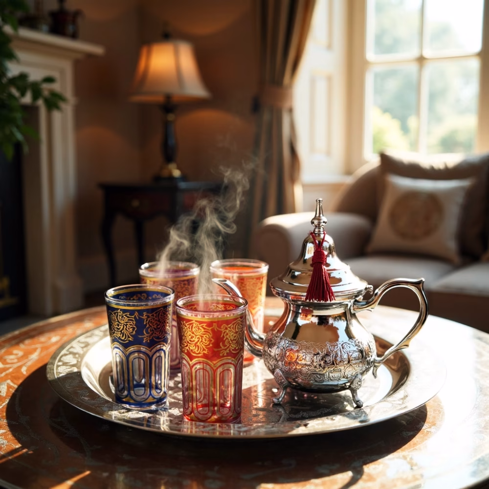 Moroccan mint tea set creating warm atmosphere in cozy living room with soft lighting