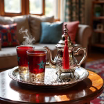 Moroccan small tea set creating warm atmosphere in traditional living room setting
