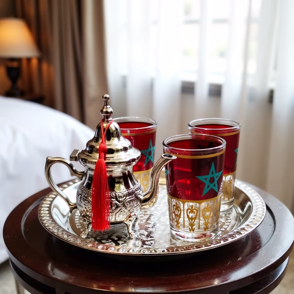 Moroccan small tea set with patriotic red glasses arranged on round wooden serving table