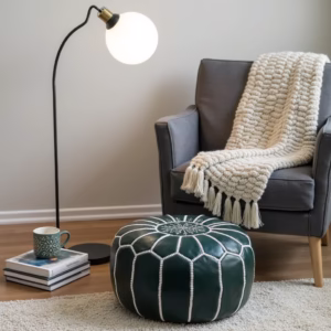 Round Moroccan Leather Pouf Green (1)
