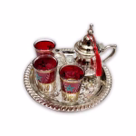 Silver-plated small tea set featuring Moroccan flag glasses and decorative red tassel