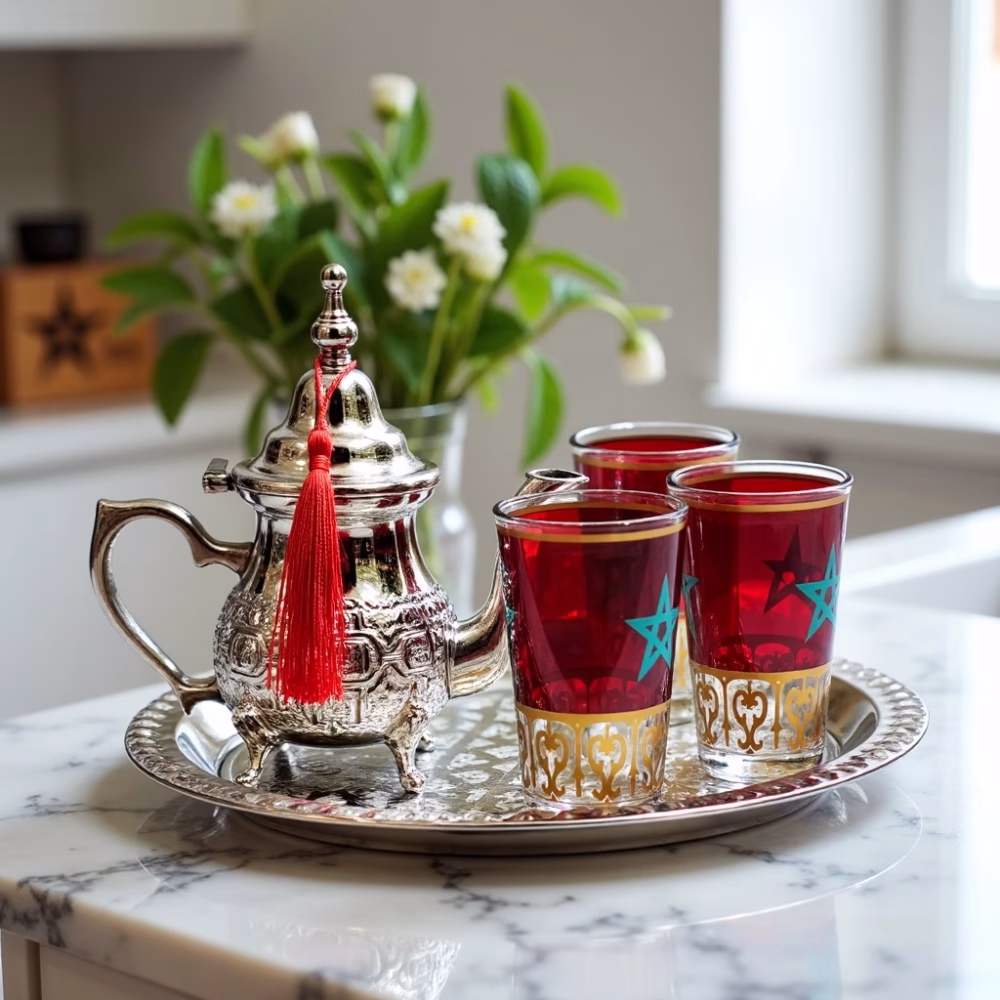Silver tea set with Morocco flag glasses displayed on marble table with fresh greenery