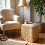 Square straw pouf ottoman complementing beige living room furniture