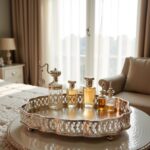 Hammered silver tray with Moroccan pierced filigree border on white marble coffee table