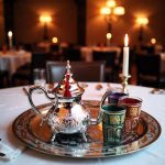 Traditional Moroccan mint tea set arranged on dining table with candlelight ambiance