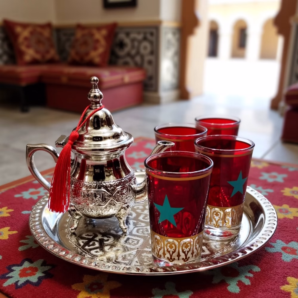 Traditional Moroccan small tea set displayed in colorful living room on patterned rug