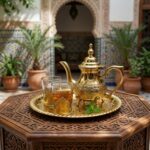 A brass mini tea set with an engraved teapot and two glasses on a golden tray, resting on a carved wooden table in a traditional Moroccan courtyard.