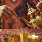 Close-up of hot tea being poured from a golden teapot into a brass mini tea set, highlighting the intricate hand-engraved patterns on the metal.
