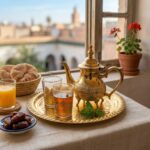 A brass mini tea set served for breakfast with dates and orange juice on a sunlit table overlooking the historic Marrakesh medina.