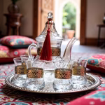 Complete Moroccan glass tea set with red tassel teapot and matching glasses in warm setting