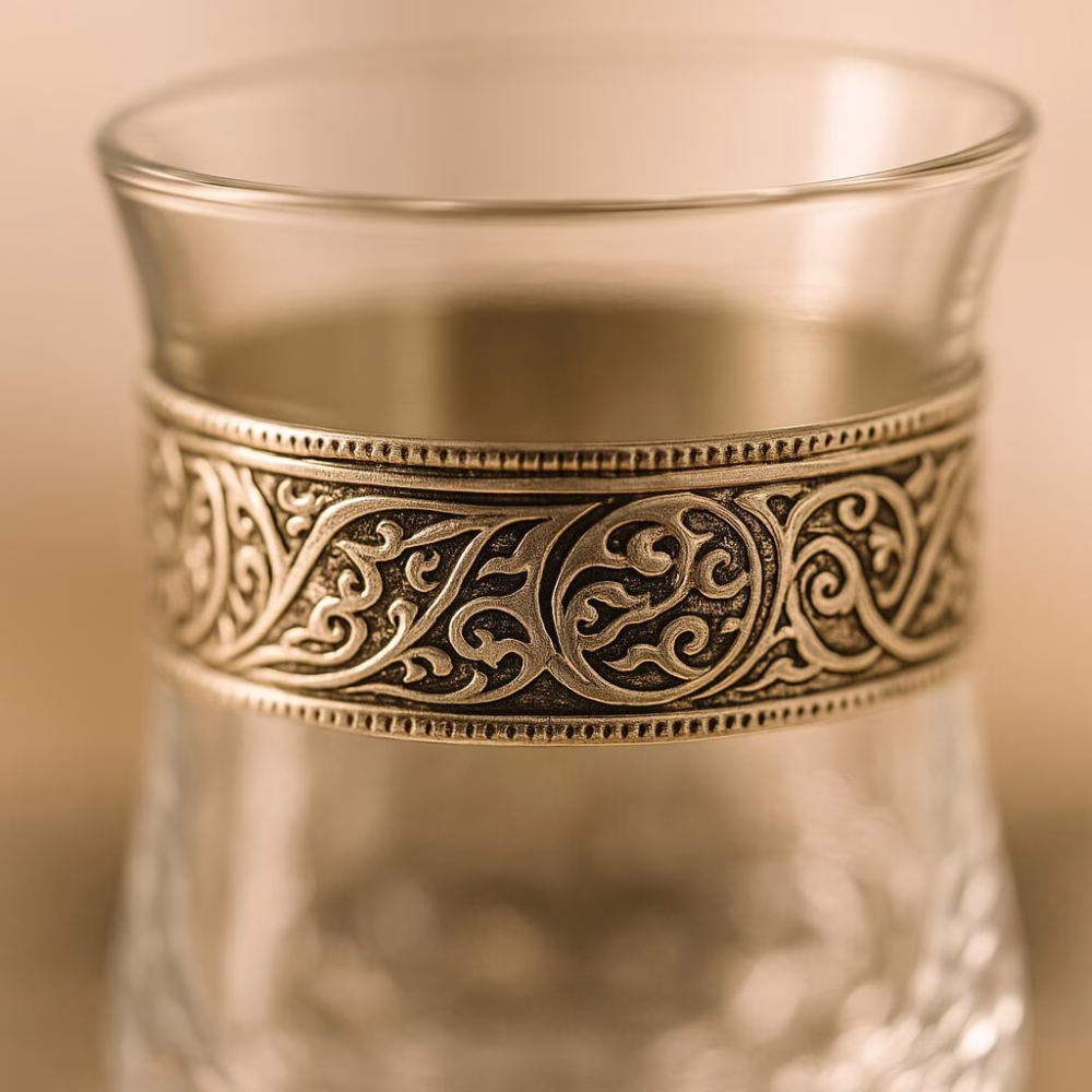 Close-up of textured handle on handmade glass cup