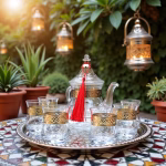 Glass tea set with silver engravings displayed in plant-filled sunroom on patterned table