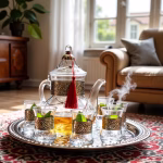 Traditional glass tea set with silver engravings displayed in colorful Moroccan living room