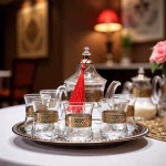Glass tea set with silver-engraved details styled in elegant living room with natural light