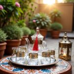 Silver engraved glass tea set with six glasses on a colorful tiled courtyard table