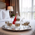 Elegant glass tea set with silver detailing arranged on white bedding in bright bedroom