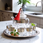 Glass teapot and engraved tea glasses displayed on silver tray in modern kitchen setting