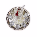 Ornate silver serving tray for Moroccan glass tea set with intricate hand-engraved details