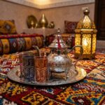 Authentic moroccan mint tea set with colorful hand-painted glasses and a silver teapot arranged on a vibrant Berber rug next to a glowing lantern.