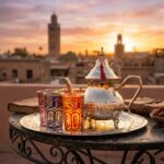 A moroccan mint tea set displayed on a rooftop table at sunset, with the iconic minarets of the Marrakesh medina in the background.