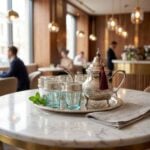 A steaming silver engraved beldi tea set displayed on a polished marble countertop in a warm, ambient cafe setting, beautifully accented by fresh mint leaves and a folded linen napkin.