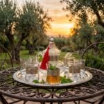 Silver engraved glass tea set on wrought iron table at sunset in an olive grove garden