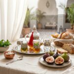 Silver engraved glass tea set served with fresh figs and bread on a courtyard breakfast table