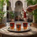 Pouring mint tea from a silver-plated teapot into glasses within a small moroccan tea set in a riad
