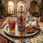 Small moroccan tea set with Moroccan sweets on a geometric zellige table in a sunlit garden courtyard