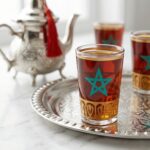 Close-up of red glass with teal star and gold filigree patterns from a small moroccan tea set