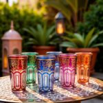 Six gold arabesque tea glasses on a brass tray with a Moroccan lantern in a garden setting