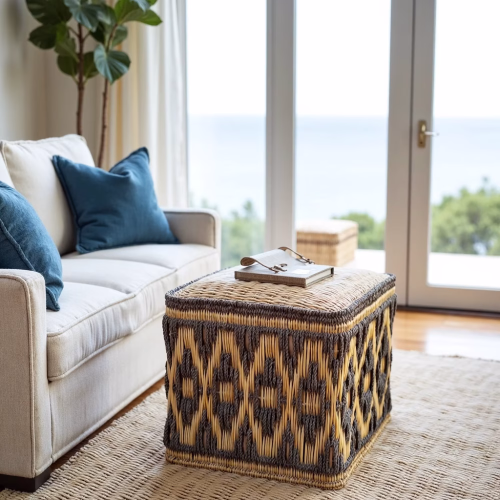 Coastal style living room with handwoven straw floor pouf and coffee table