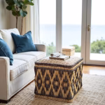 Coastal style living room with handwoven straw floor pouf and coffee table