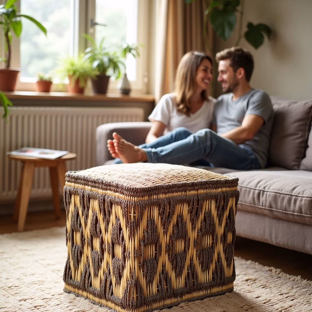 Couple relaxing in living room with diamond pattern straw floor pouf